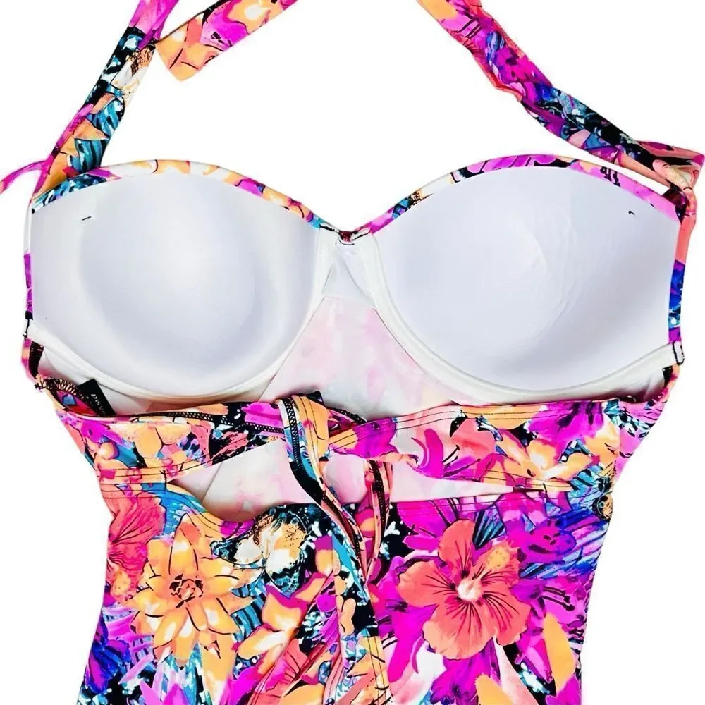 Coco Reef Pink Tropical Floral Pink Swimsuit Soft Cup Underwire Adjustable Top 8